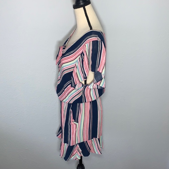 Gigio UMGEE Striped V-Neck Ruffled Romper Front Tie Side Pockets size Medium - Picture 4 of 15